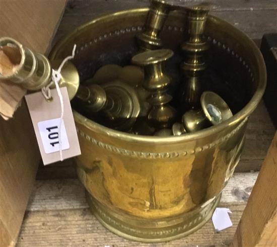 Brass bucket and candlesticks